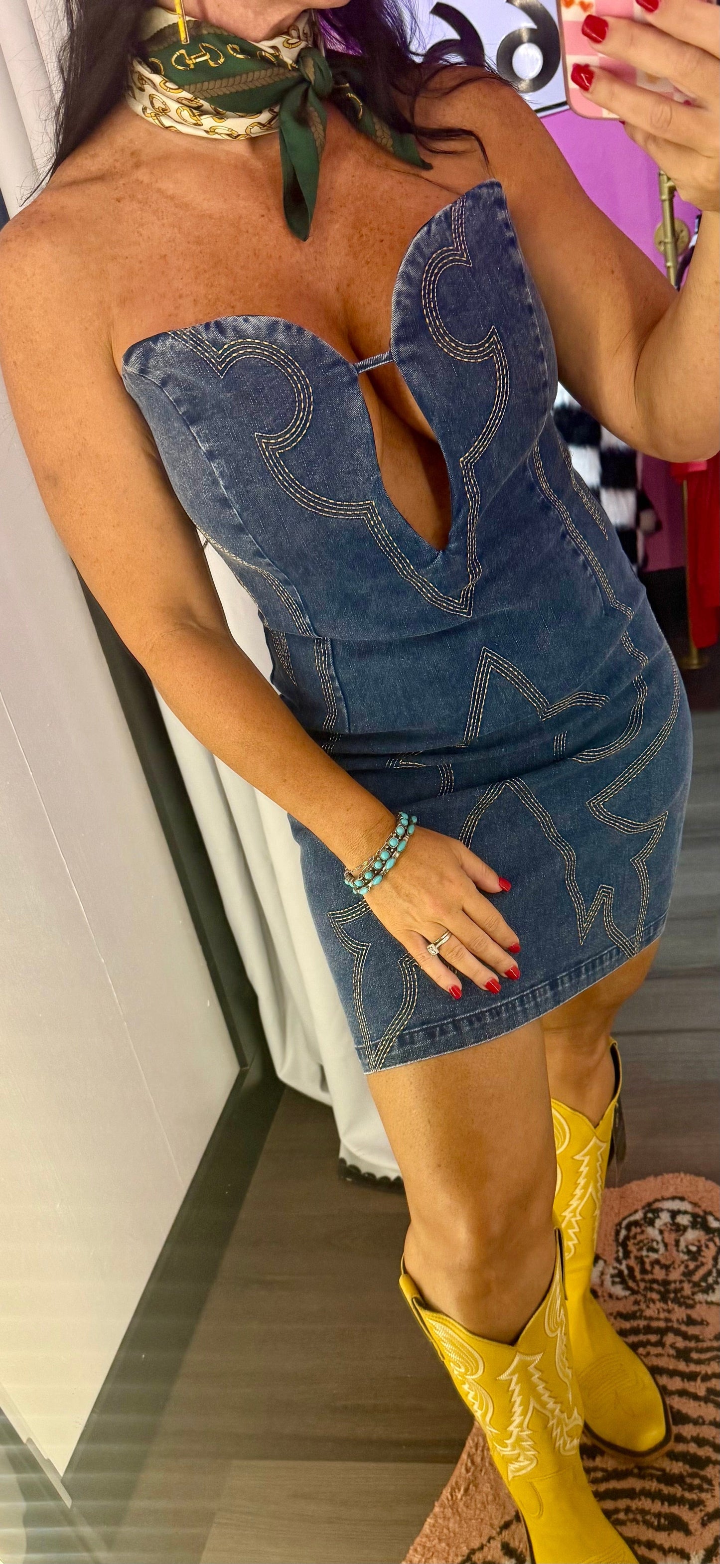 Boot Stitch Denim Mini Dress