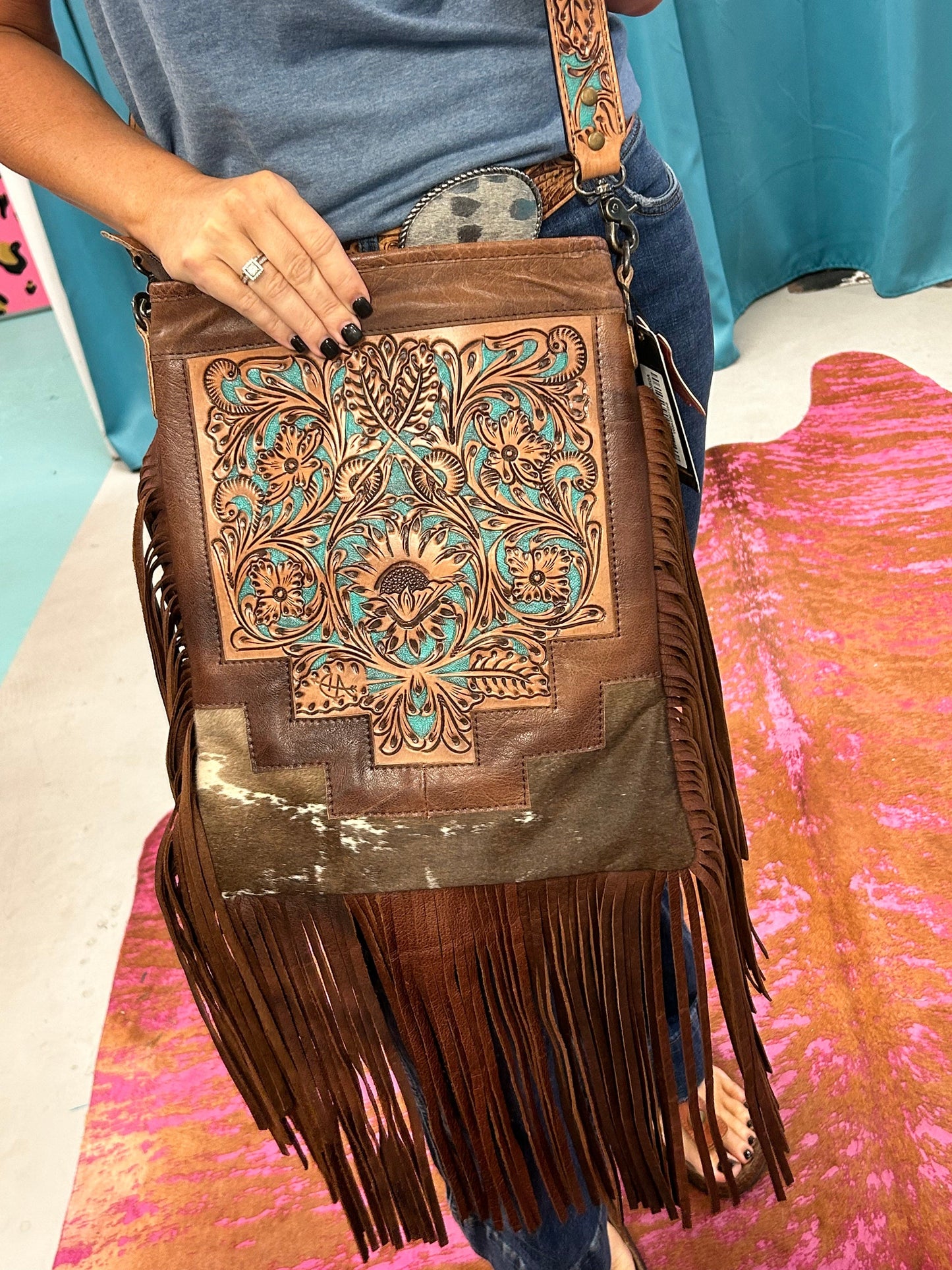 Tooled Leather & Turquoise Saddle Bag
