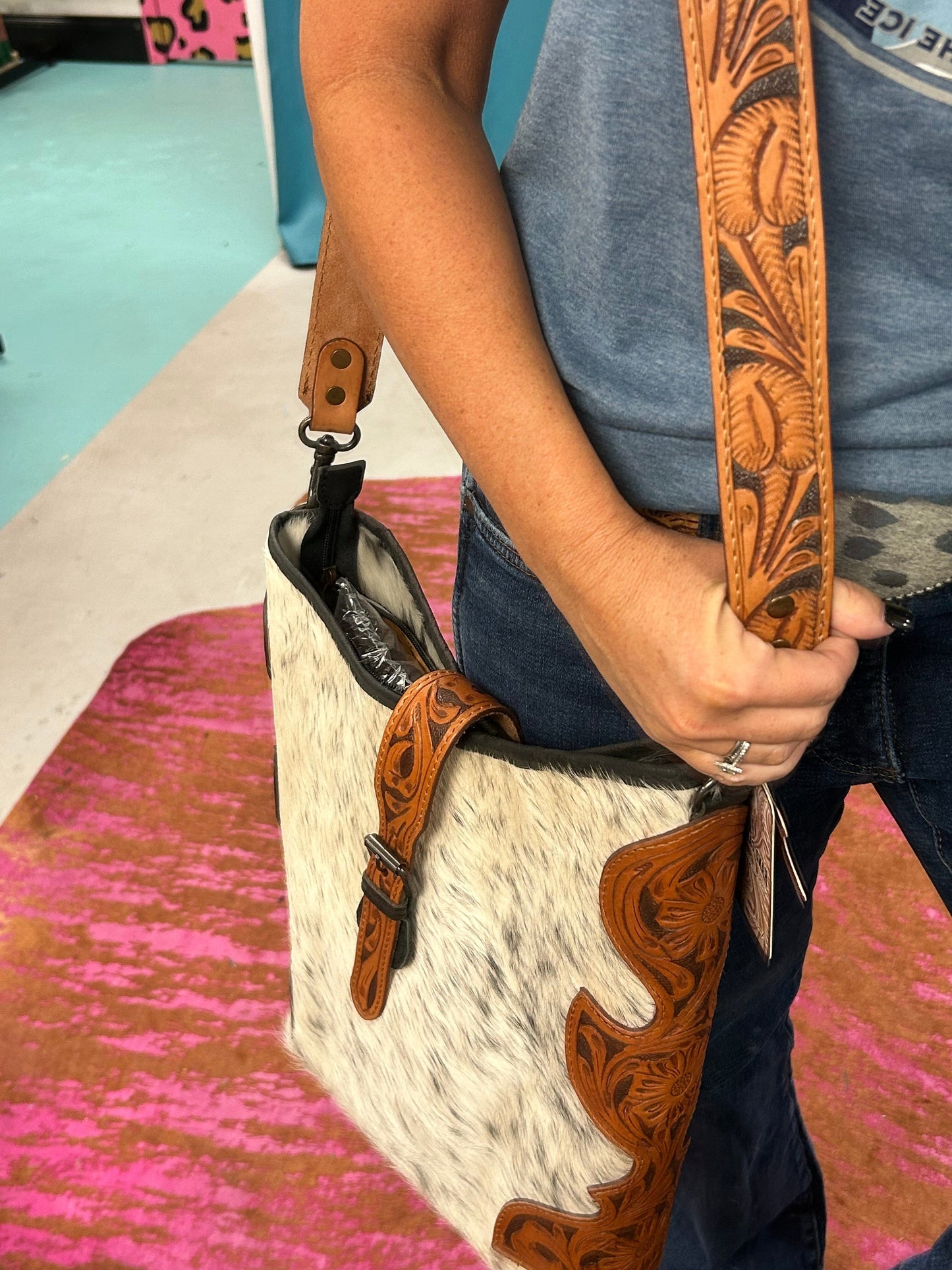 Tooled and Cowhide Conceal & Carry Bag