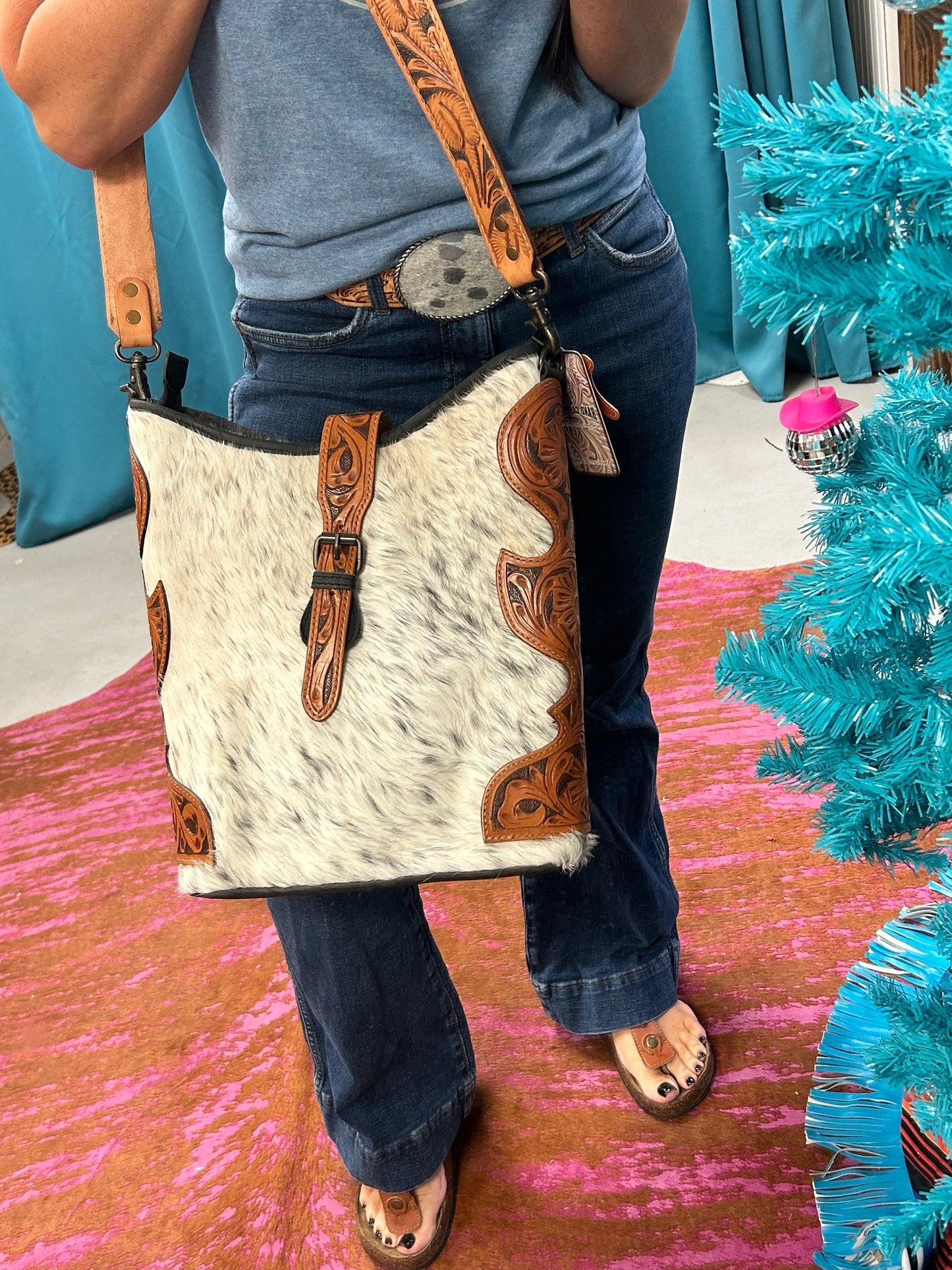 Tooled and Cowhide Conceal & Carry Bag