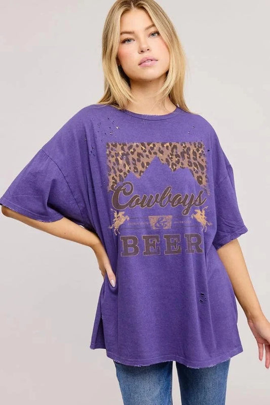 Cowboys & Beer Leopard Oversized Graphic Tee
