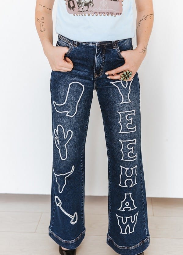 Cowgirl Code Embroidered Wide Leg Jeans