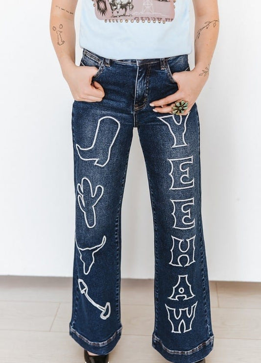 Cowgirl Code Embroidered Wide Leg Jeans