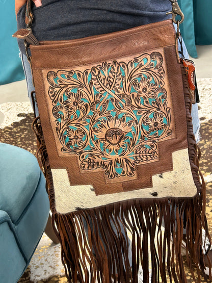 Tooled Leather & Turquoise Saddle Bag