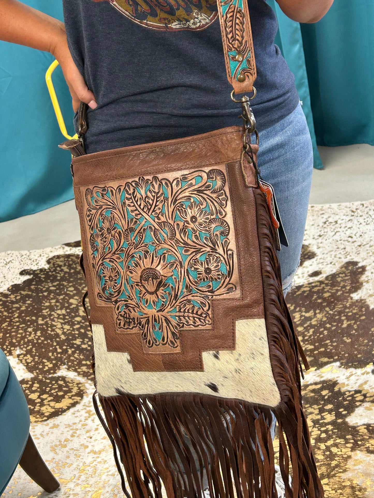 Tooled Leather & Turquoise Saddle Bag