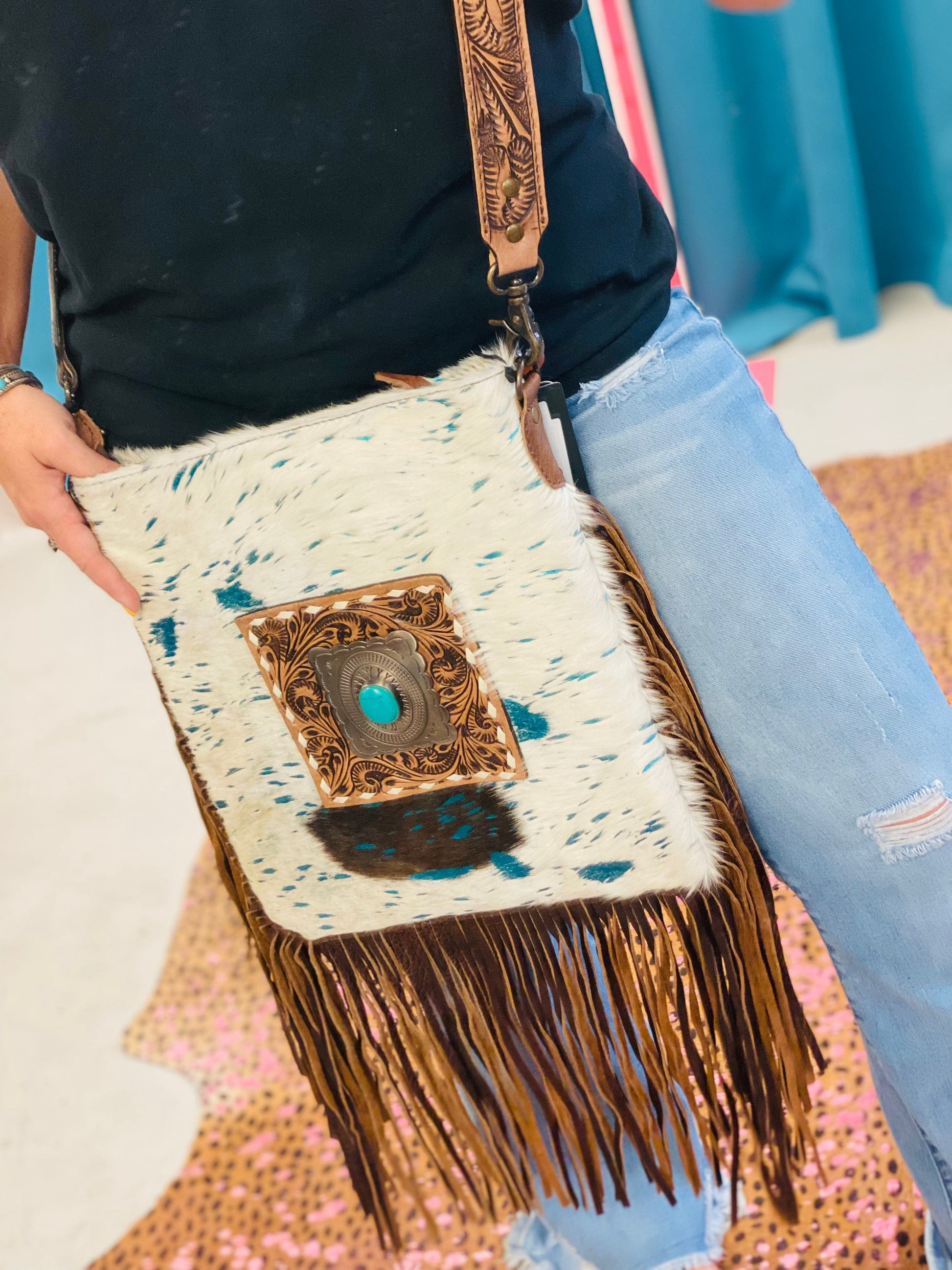 Patsy Shops Tooled Cowhide Fringe Crossbody Purse